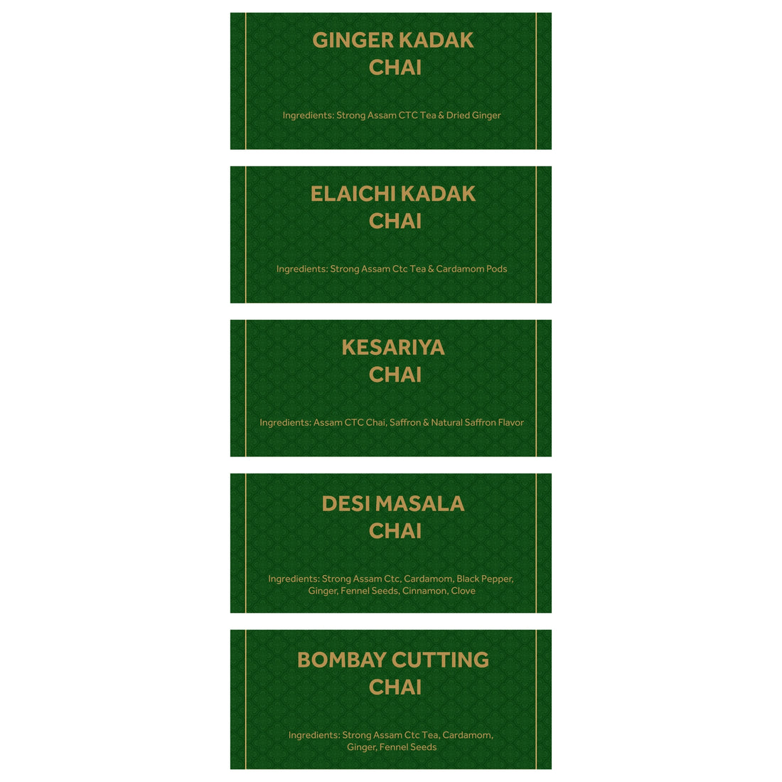5 Chai Trial Pack - Kesariya, Elaichi, Ginger Kadak, Desi Masala & Bombay Cutting